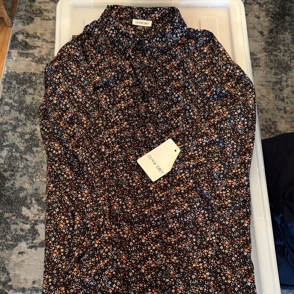 Olivia Grey Black Floral Button-Up Blouse